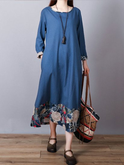 Print Patchwork Long Sleeve Loose Vintage Dresses - Click Image to Close