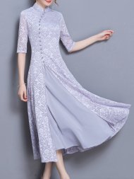 Women Lace Half Sleeve Stand Collar Chinese Style Dresses