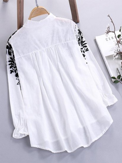 Embroidery Floral Long Sleeve Black&White Casual Shirts - Click Image to Close