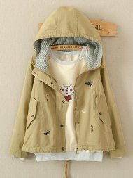 Hooded Cartoon Embroidered Long Sleeve Casual Coat