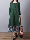 Print Patchwork Long Sleeve Loose Vintage Dresses