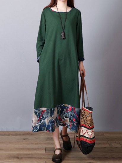 Print Patchwork Long Sleeve Loose Vintage Dresses - Click Image to Close