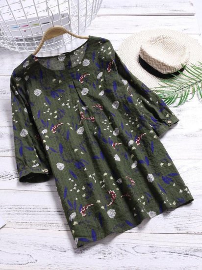 Women Floral Printed 3/4 Sleeve Vintage Blouses - Click Image to Close