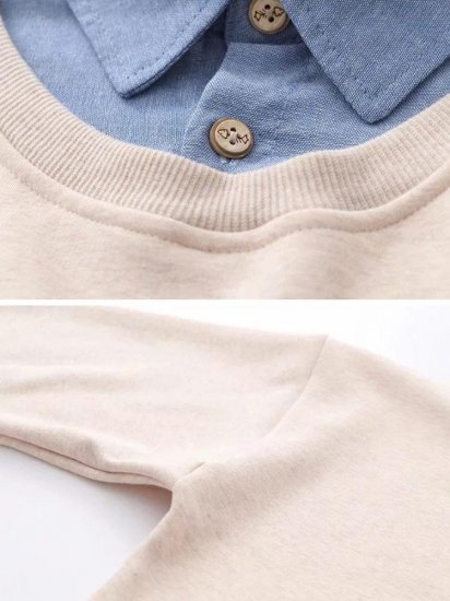 Cute Cat Print Fake Two Turn Down Collar Long Sleeve Inner Fleece Sweatshirt - Click Image to Close