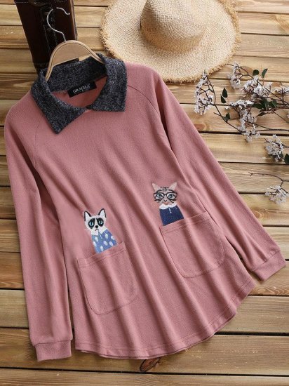 Knitting Patchwork Cat Embroidered Long Sleeve Casual Blouses - Click Image to Close