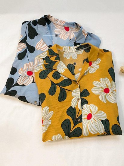 Floral Printed 3/4 Sleeve Turn-down Collar Shirts - Click Image to Close