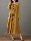 Pleated Solid Color Long Sleeve O-neck Vintage Dresses