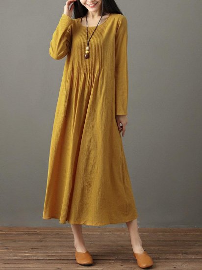 Pleated Solid Color Long Sleeve O-neck Vintage Dresses - Click Image to Close