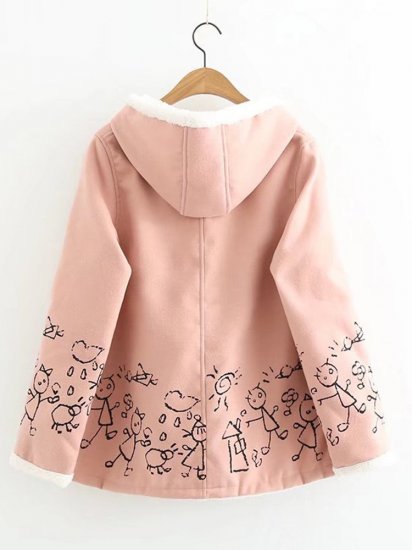 Cartoon Print Hooded Plush Ball Long Sleeve Vintage Coat - Click Image to Close