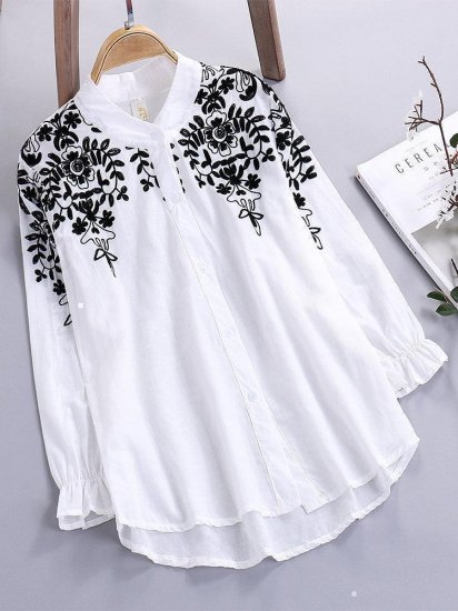 Embroidery Floral Long Sleeve Black&White Casual Shirts - Click Image to Close