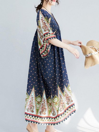 Ethnic Printed High Waist V-neck Vintage Half Sleeve Dresses - Click Image to Close