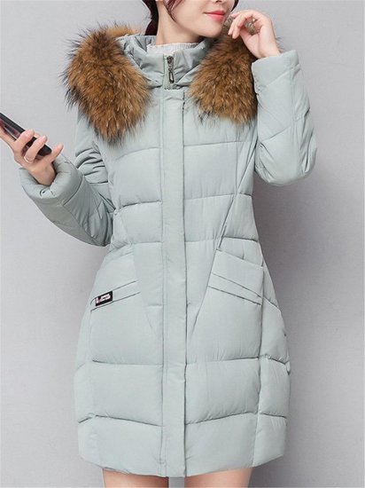 Solid Color Hooded Fur Collar Thicken Warm Long Coat - Click Image to Close