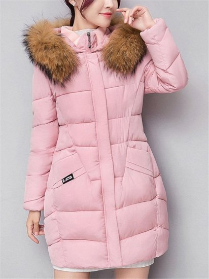 Solid Color Hooded Fur Collar Thicken Warm Long Coat - Click Image to Close