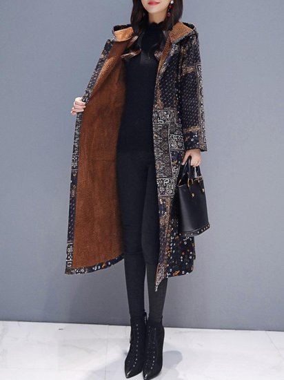 Hooded Floral Ethnic Print Long Sleeve Vintage Coat - Click Image to Close