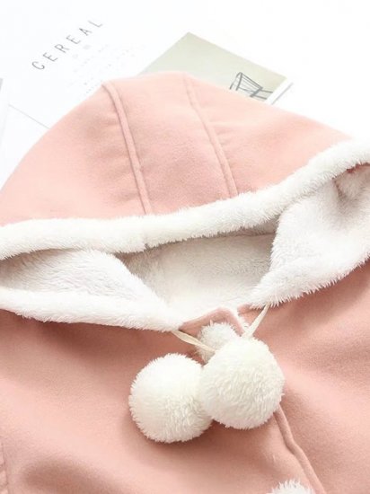 Cartoon Print Hooded Plush Ball Long Sleeve Vintage Coat - Click Image to Close