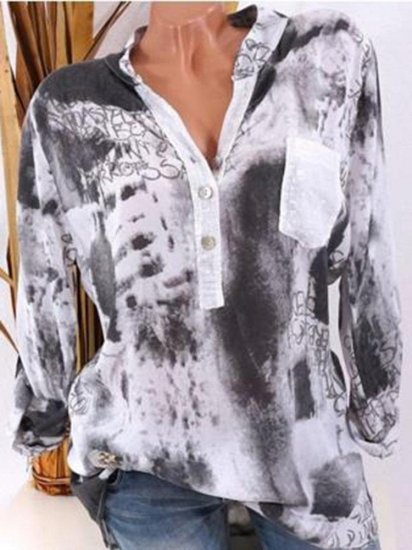 Casual Print Loose Long Sleeve V-neck Blouses For Women - Click Image to Close