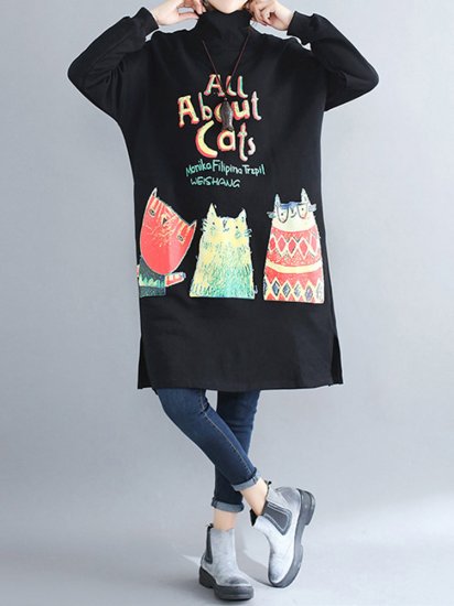 Cartoon Printed Long Sleeve High-neck Sweatshirt Dress - Click Image to Close