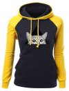 Women Cats Printed Hooded Contrast Color Casual Sweatshirts