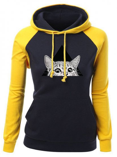 Women Cats Printed Hooded Contrast Color Casual Sweatshirts - Click Image to Close