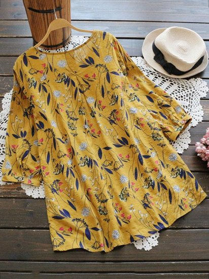 Women Floral Printed 3/4 Sleeve Vintage Blouses - Click Image to Close