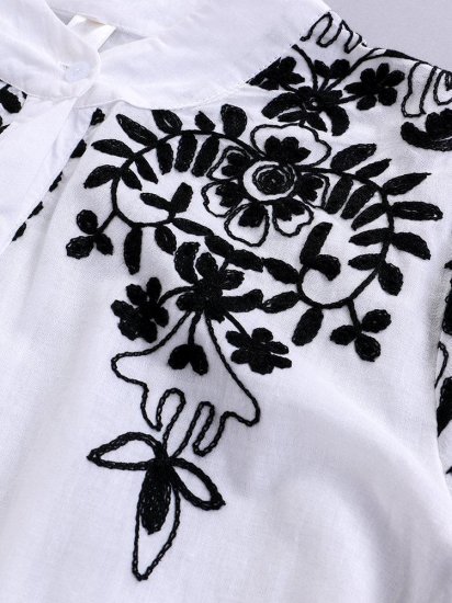 Embroidery Floral Long Sleeve Black&White Casual Shirts - Click Image to Close