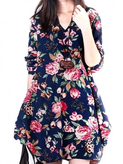 Vintage Floral Printed V Neck Asymmetry Hem Long Sleeve Loose Women Dress - Click Image to Close