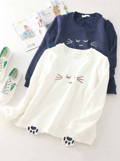 Women Cat Printed O-Neck Long Sleeve Pullover Sweatshirts - Click Image to Close