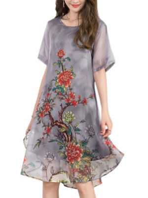 Vintage Printed O-neck Two Layers Chiffon Dresses