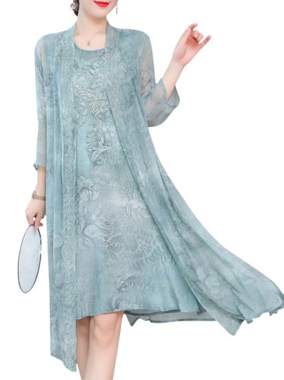 Floral Embroidered Jacquard Loose Vintage Two Pieces Dresses - Click Image to Close