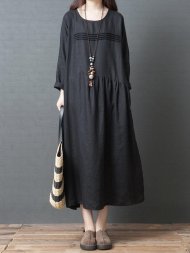 Pleated Solid Color Loose Pockets Vintage Dresses