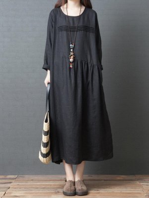 Pleated Solid Color Loose Pockets Vintage Dresses