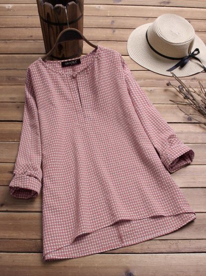 Long Sleeve Loose Plaid Print Irregular Casual Blouse - Click Image to Close