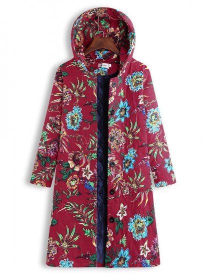 Vintage Hooded Floral Print Long Sleeve Coat - Click Image to Close