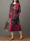 Folk Style Print Patchwork Long Sleeve Vintage Midi Dresses