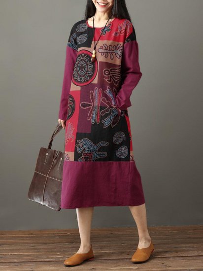 Folk Style Print Patchwork Long Sleeve Vintage Midi Dresses - Click Image to Close