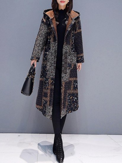 Hooded Floral Ethnic Print Long Sleeve Vintage Coat - Click Image to Close