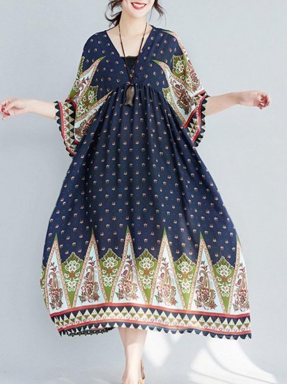 Ethnic Printed High Waist V-neck Vintage Half Sleeve Dresses - Click Image to Close