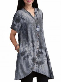 Printed V-neck Side Pocket Mid-Long Vintage Shirts