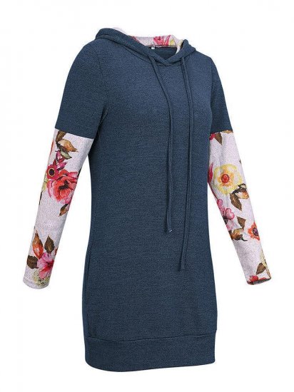 Floral Patchwork Loose Long Hooded Sweatshirt - Click Image to Close