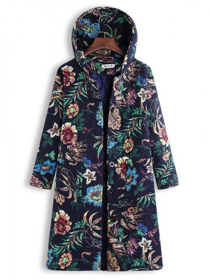 Vintage Hooded Floral Print Long Sleeve Coat - Click Image to Close