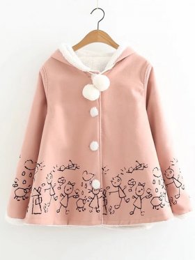 Cartoon Print Hooded Plush Ball Long Sleeve Vintage Coat