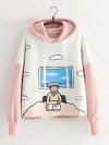 Women Casual Patchwork Cartoon Print Long Sleeve Pullover Hoodie