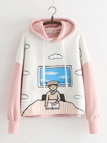 Women Casual Patchwork Cartoon Print Long Sleeve Pullover Hoodie - Click Image to Close