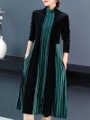 Velvet Contrast Color Patchwork Stripe Long Sleeve Vintage Dress