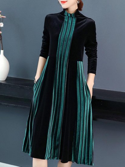 Velvet Contrast Color Patchwork Stripe Long Sleeve Vintage Dress - Click Image to Close