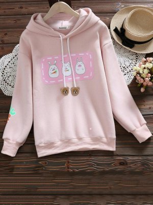 Rabbit Print Hooded Long Sleeve Casual Sweatshirt