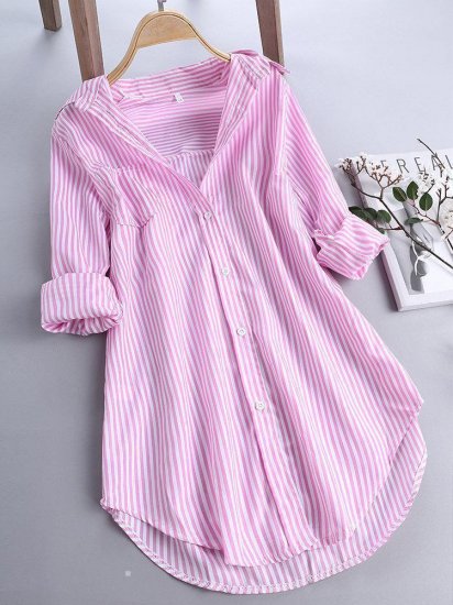 Stripe Long Sleeve Turn-down Collar Loose Shirts - Click Image to Close