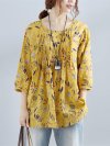 Women Floral Printed 3/4 Sleeve Vintage Blouses