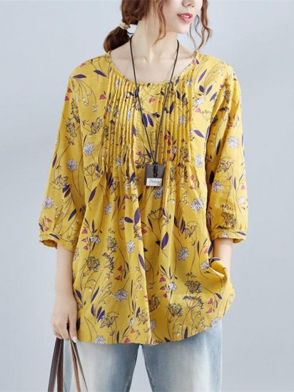 Women Floral Printed 3/4 Sleeve Vintage Blouses - Click Image to Close