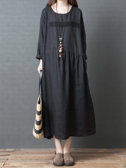 Pleated Solid Color Loose Pockets Vintage Dresses - Click Image to Close